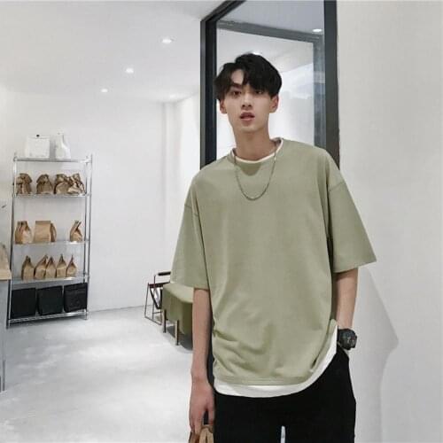 Solid Color Men Short Sleeve Round Neck Loose Patchwork Blouse T-shirt Tee Top Blouse T-shirt Tee Top Blouse T-shirt Tee Top Blo