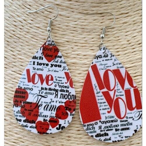 Wholesale I Love You Earrings Languages Words Valentines Day PU Leather Layered Glitter Sweetheart Earrings