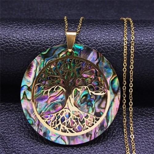 Abalone Stainless Steel Chain Necklace Gold Color Big Round Tree of Life Chokers Necklaces Jewelry collier chaine NXS04