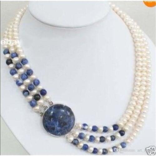 Details about 3 Rows Natural 7-8mm White Cultivation Pearl & Lapis lazuli Round Beads Necklace