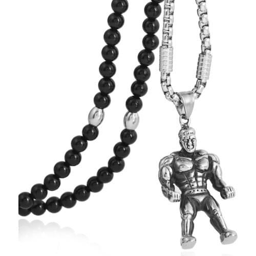 Punk Stainless Steel Men Bodybuilding Enthusiasts Pendant Necklace with Black Natural Stone Chain 26" for Men Jewelry