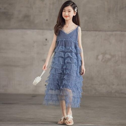 Girl Dress Summer Teenager Sleeveless Kids Dresses for Girls Children Clothing Blue Plaid Princess Costume Party Layered Dress