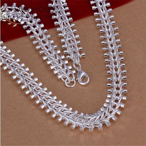 Silver Necklaces For Women 12mm Fish Bone Wide Chain Necklace Collier Femme 925 Silver Costume Jewelry Accessories Bijoux