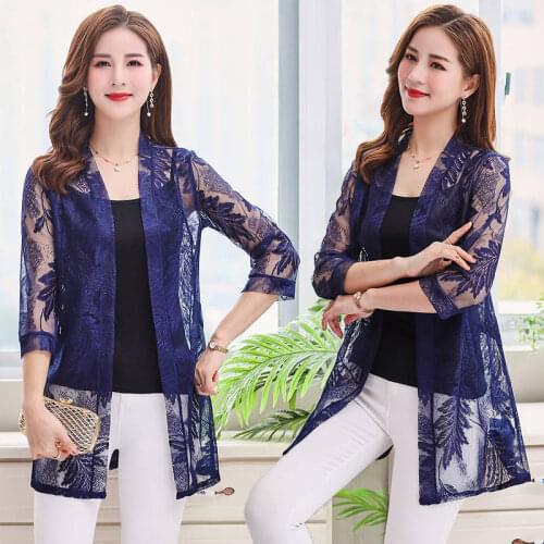 Mesh See Through Loose Jackets Floral Print Thin Sunscreen Coat Summer Womens 3/4 Sleeve Casual Cardigan Jacket Women Y971