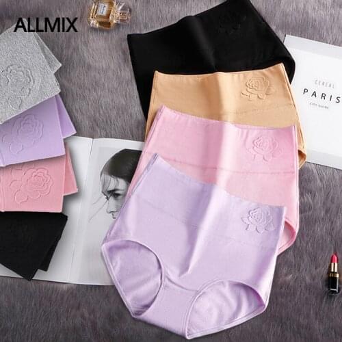 ALLMIX Sexy High Wasit Cotton Womens Panties Elastic Soft Large Size XXXL Embossed ROSE Female Briefs Breathable Lady Lingerie