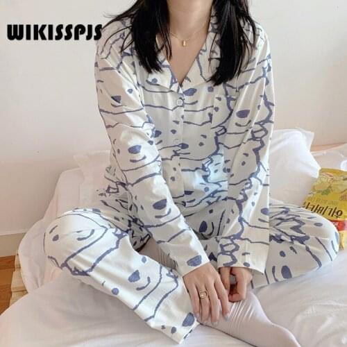 WIKISSPJS Spring Autumn Korean Pajamas Womens Long Sleeved Trousers Bear Girl Lovely Two-piece Suit Home Clothes Pajama Set