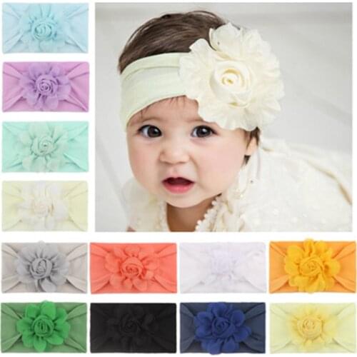 1pcs Elastic Wide Nylon Headband with Satin Flower Chiffon Rose Kids Lovely Headband DIY head Turban