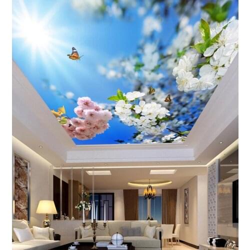 Beautiful sunshine and blue flowers living room bedroom ceiling 3d wallpaper flower ceilings 3d mural designs