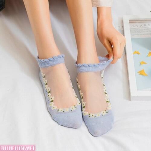 5 Pairs Women Sock Summer New Flower No Show Sock Soft Crystal Silk Socks Cotton Breathable Sweat Uptake Thin Female Ankle Sock