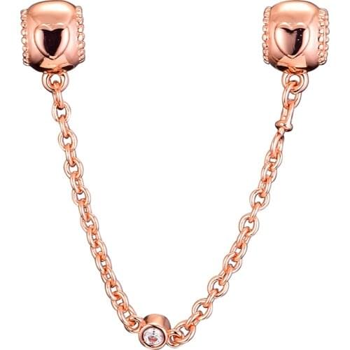 Fits Pandora Bracelet 925 Sterling Silver Charms Rose Gold Embossed Hearts Safety Chain Beads for DIY Making Women Jewelry