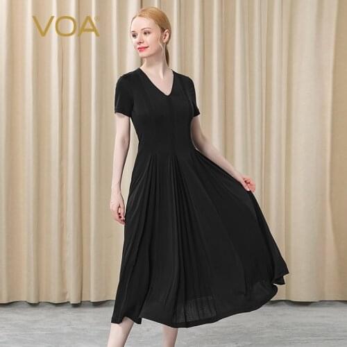 VOA 41m/m double-sided knitted silk chicken heart collar short-sleeved bump yarn piece receives pleated grand dress skirt AE332