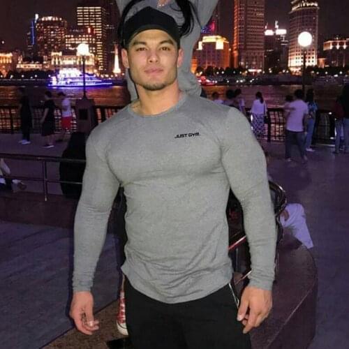 New Cotton Bodybuilding long sleeve T-shirt men brand just gym clothing Letters print T shirt male tops stretch o neck Tshirt