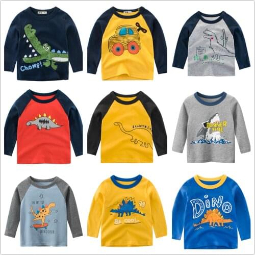 Baby Boys Tees Clothes 100% Cotton Long Sleeve Dinosaurs Car Cartoon Kids T-Shirt Clothing for 1 to 9 Years