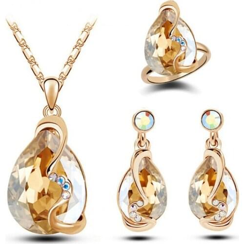 Dainty Female Rainbow Crystal Jewelry Set Charm Gold Silver Color Dangle Earrings For Women Cute Geometry Wedding Chain Necklace