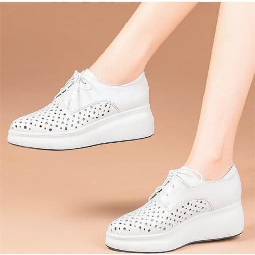 Fashion Sneakers Women Genuine Leather Wedges High Heel Ankle Boots Female Lace Up Platform Pumps Shoe Pointed Toe Oxfords Shoes