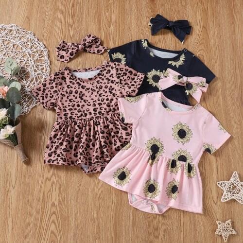3 Style Baby Girl’s Romper Dress Summer Leopard/Sunflowers Printed Jumpsuits and Headband 0-18M