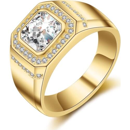 14k Yellow Gold Plated Rectangle Cut Diamond Ring For Men White Gold Full Inlaid AAA Zircon Simulation diamond Ring Fine Jewelry