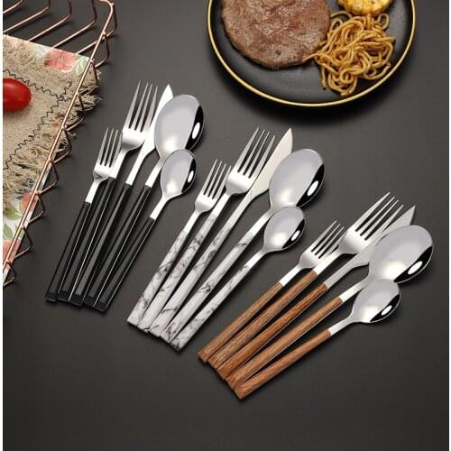 Stainless Steel Tableware Cutlery Set Knife Fork Dessert Spoon with Wood Marble Handle Household Dinnerware Kitchen Utensils