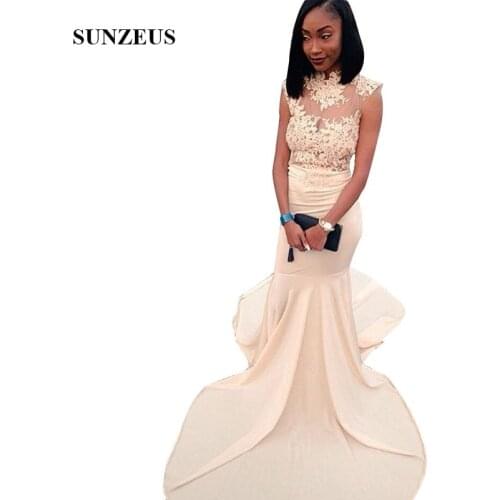 Appliques High Neck Cap Sleeves Prom Dress Illusion Bodice Mermaid Long Jersey Party Gowns ballkleider lang
