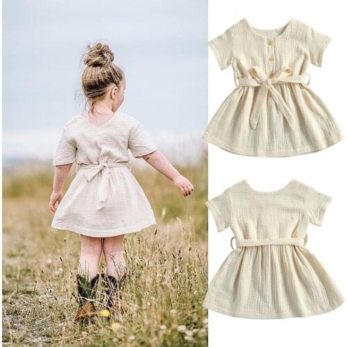 2020-11-30 lioraitiin 0-4Years Toddler Baby Girl’s Casual Short-sleeved Dress with Belt Solid Button High Waist A-line Dress