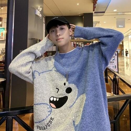 Hong Kong Style Cartoon Color Matching Pullover Crew Neck Sweater Mens Loose Versatile Casual T-Shirt Top Autumn Korean
