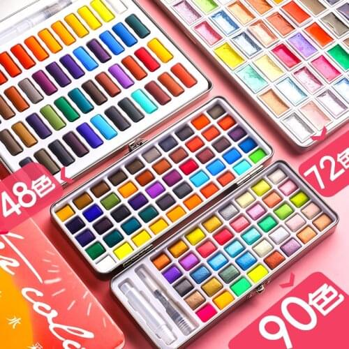 SeamiArt 50/72/90Color Solid Watercolor Set Basic Neone Glitter Watercolor Paint for Drawing Art Paint Supplies