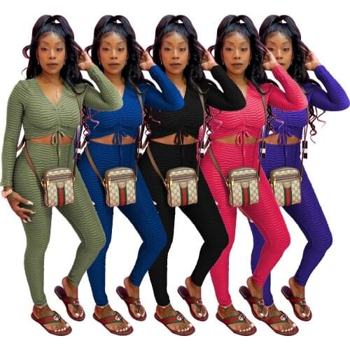 HAOOHU Sportwear Elastic Womens Set Tie Up V-neck Crop Top Jogger Pants Suit Active Tracksuit Two Piece Set Fitness Outfits