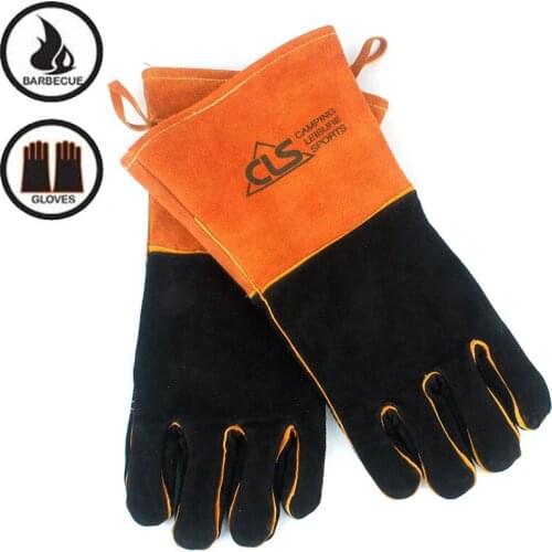 Outdoor BBQ gloves camping fire barbecue cowhide high temperature heat insulation thickening and welding protection