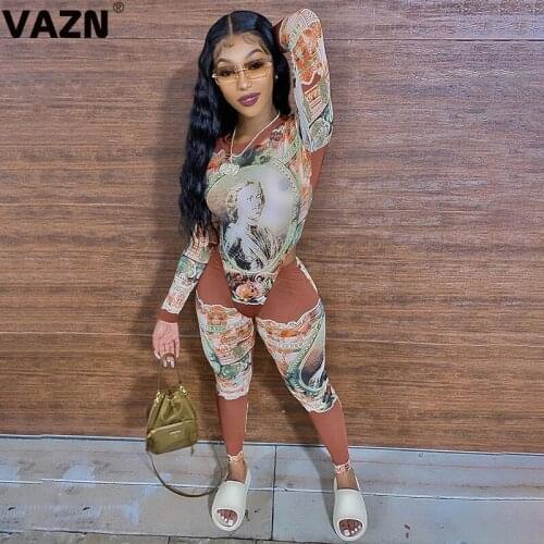 VAZN 2020 Autumn High Quality Retro Soft Elastic Sexy Free High Street Full Sleeve Top Long Pants Skinny Women 2 Pieces Set