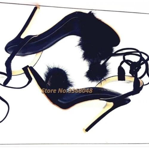 Black Hairy Stiletto Sandals Thin High Heel Round Toe Lace Up Custom Made Summer Women Shoes Tassel Black Furry Sandals