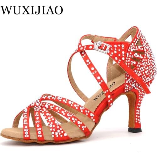 WUXIJIAO Latin dance shoes big small rhinestone bright Red blue satin Women Salsa dance shoes wedding party shoes Flare 7.5cm