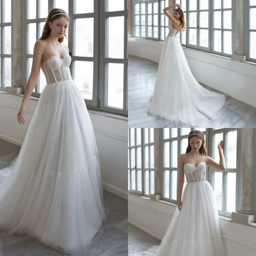 White Vestido De Novia Sexy Tulle Strapless Wedding Dress Boho Applique Pearls Lace-up A Line Bridal Dresses Sleeveless Gowns
