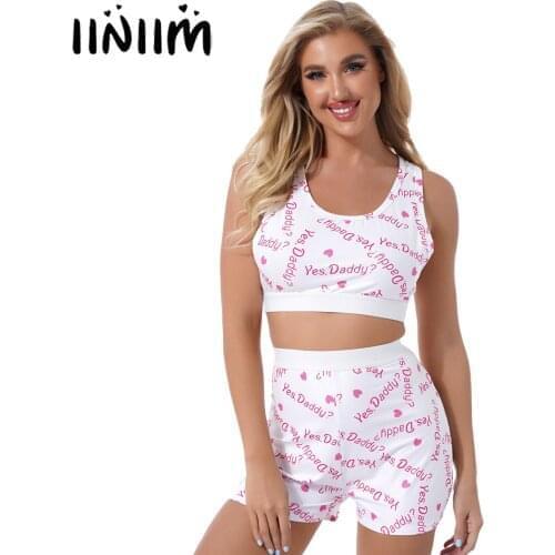 Women Round Neck Sleeveless Lingerie Sleepwear Letter Print Pajamas Set Summer Sports Yoga Outfits Cropped Tank Top with Shorts