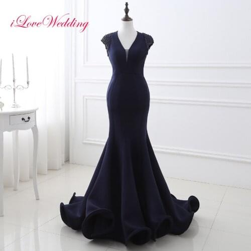 2020 New Navy Blue Open Back Mermaid Prom Dresses Cap Sleeve V Neckline Pearls Beading Women Formal Party Gowns Real Sample