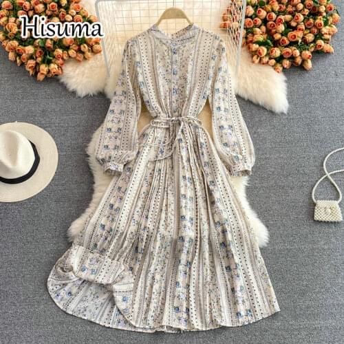 2021 autumn new women stand collar single breasted lantern sleeve print chiffon A-line dress female Chic waist party dresses
