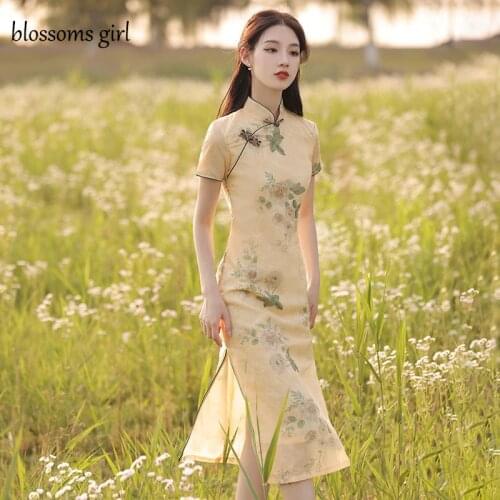 Floral Qipao Womens Traditional Chinese Cheongsam Dresses Vestido Printing Stand Collar Short Sleeve Elegant Retro Plus Size