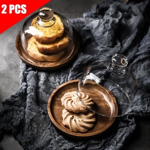 2 PCS Wooden Dishes Dessert Plate with Glass Cover Beautiful Cake Tray Wedding Birthday Party Festive Decoration Macaron Dish