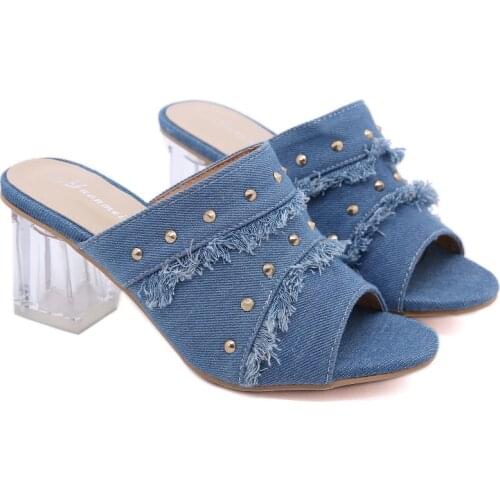 2020 summer new denim thick heel slippers fish mouth rivets crystal heel thick heel womens shoes