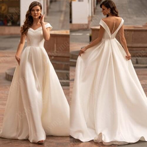 Button Back Satin Boho Bride Wedding Dresses Floor Length A-Line Wedding Dress With Train Bridal Gowns 2021 vestidos de novia