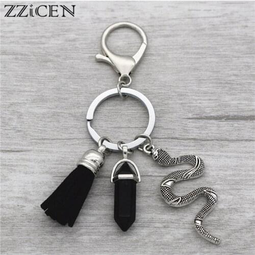 4 Colors Boho Vintage Exaggerated Antique Animal Coral Snake Pendant Natural Stone Black Pink Tassels Keychain Key Rings
