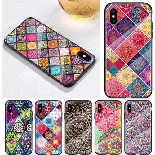 Mandala flower pattern For Apple iPhone 12 11 8 7 6 6S XS XR SE X 2020 Pro Max Mini Plus Tempered Glass Phone Case