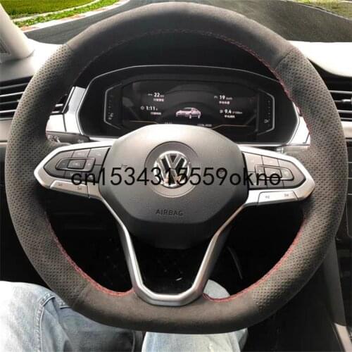 For Volkswagen Golf 8 Tiguan 2021 Black Suede DIY Hand Sewed Steering Wheel Cover