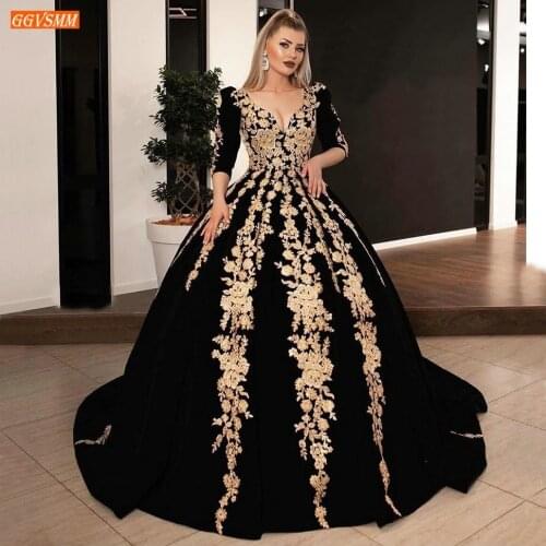 Dubai Black Wedding Gowns 2020 Saudi Arabia Gold Lace Appliqued Ball Gown Church Muslim Bride Dresses Custom Made Robe De Mariee