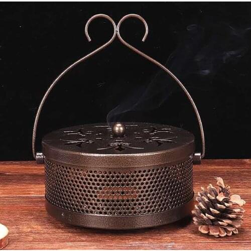 Mosquito Coil Holder Classical Design Portable Metal Incense Holder with Hooks Handle, Round Iron Mosquito Incense Burner