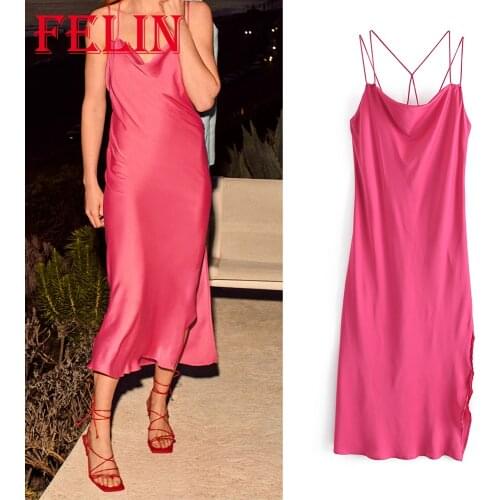 FELIN Za 2021 Stain Sexy Chic Pink Dress Women Backless Side Split Cami Maxi Dress Stylish Summer Chic Elegant Vestidos