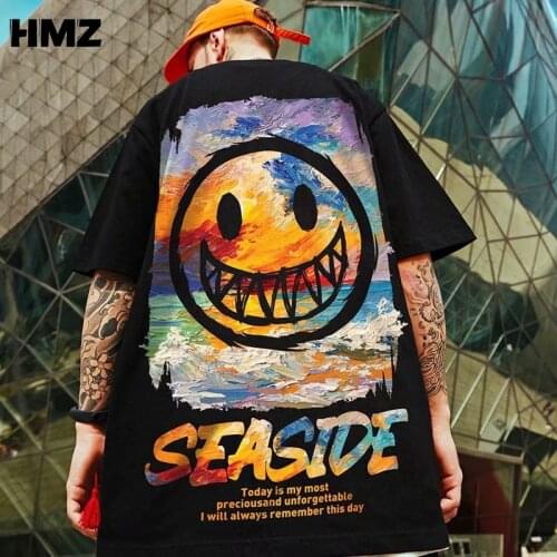 HMZ Hip Hop T shirt Devil Smiley Printed Streetwear T Shirts Men 2021 Summer Men Tees Casual Short Sleeve Tops Tee Male Tshirts