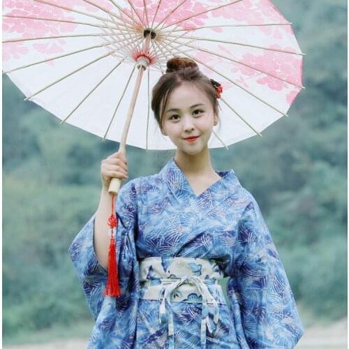 Japanese Classic Women Kimono With Obi Blue Print Kimono Yukata Vintage Geisha Kimono Female Cosplay Costume Perform Clothing