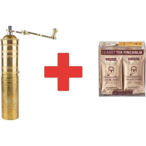 Coffee Mill Brass Stainless Steel Material Adjustable Coffee Grinder + Mehmet Efendi Turkish Coffee 6gr X 12 Turkish Coffee Set