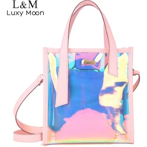 Fashion Women Hologram Clear Bags Tote Transparent Messenger Handbag 2pcs Laser Hand Bag For Female Beach Shoulder Bags XA66E