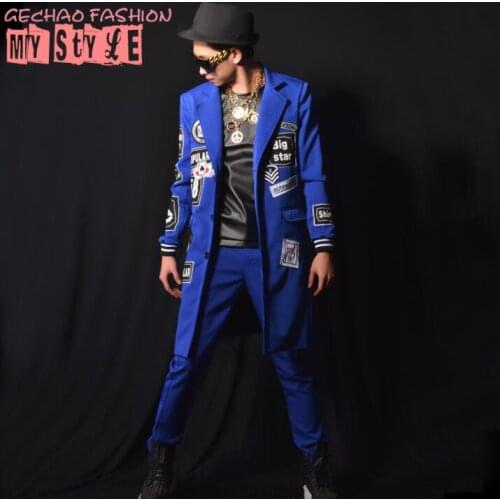 Blazer men suits designs Blue cloth stitching jacket mens coat stage singers clothes dance star style dress punk rock